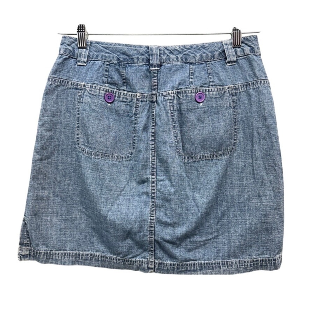 French Cuff Denim Mini Skirt Blue Cotton Purple Button Utility Pockets Size 8 - Picture 2 of 9